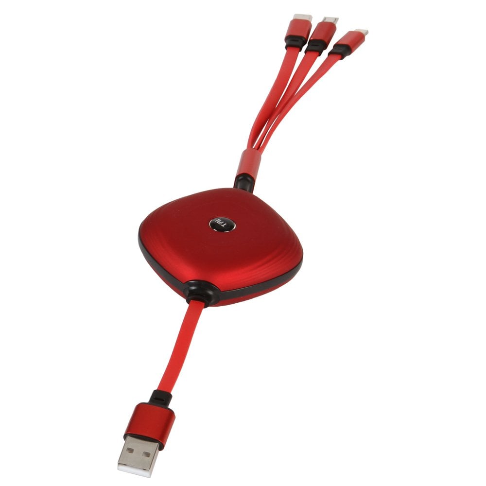3’ü 1 Arada Makaralı Şarj Kablosu Kırmızı